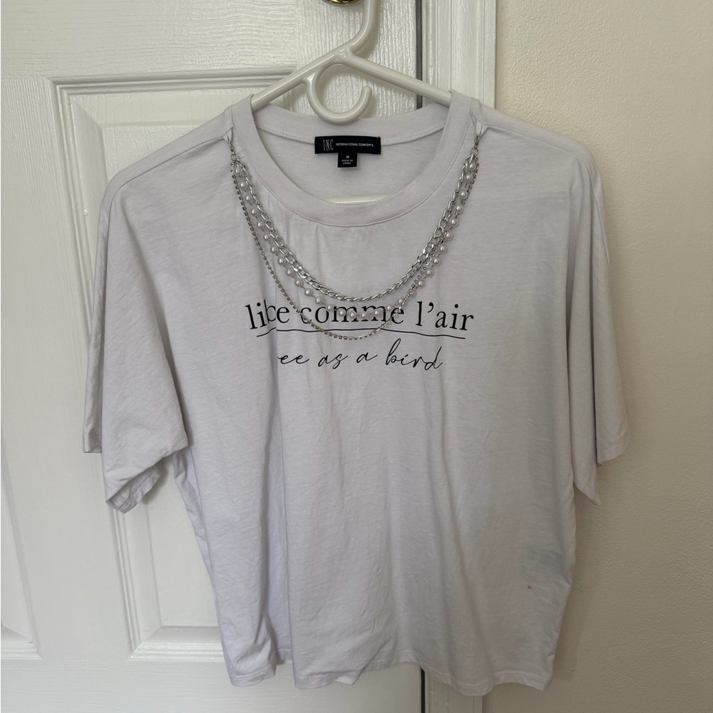 INC International Concepts White Graphic Tee with Script Print